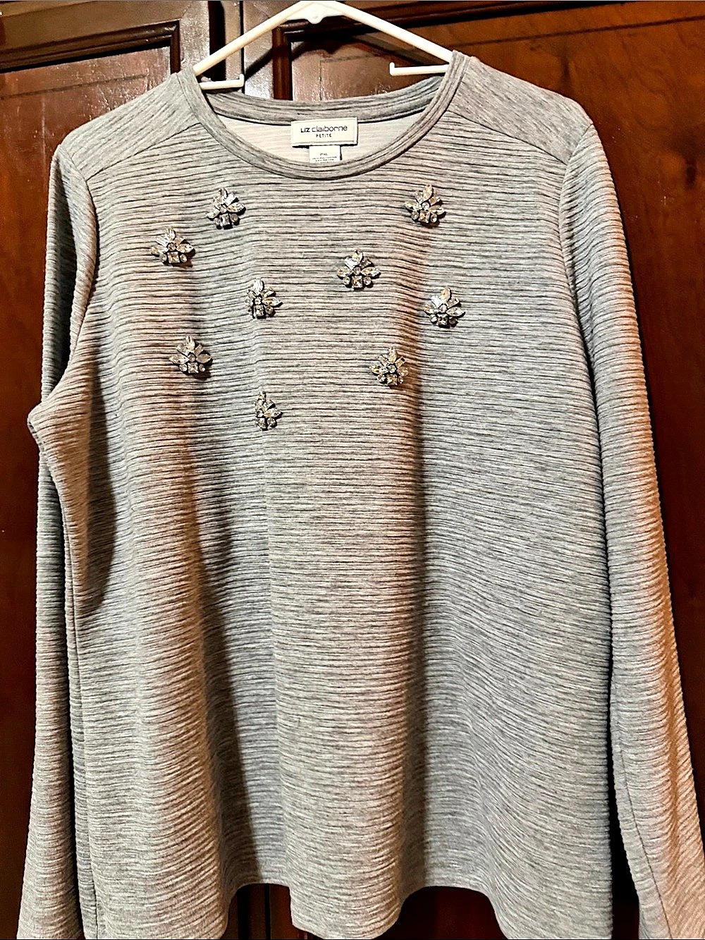 Liz Claiborne Embellished Long Sleeve Top in Gray PXL Like New